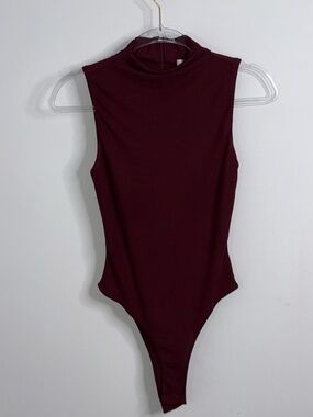 Ronny Kobo Burgundy Sleeveless Bodysuit Sheer Women's Size S EUC High Neck